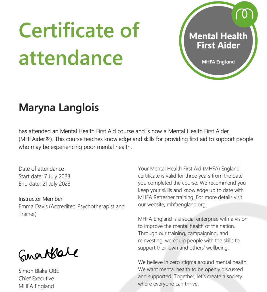 Mental Health First aid - certificate